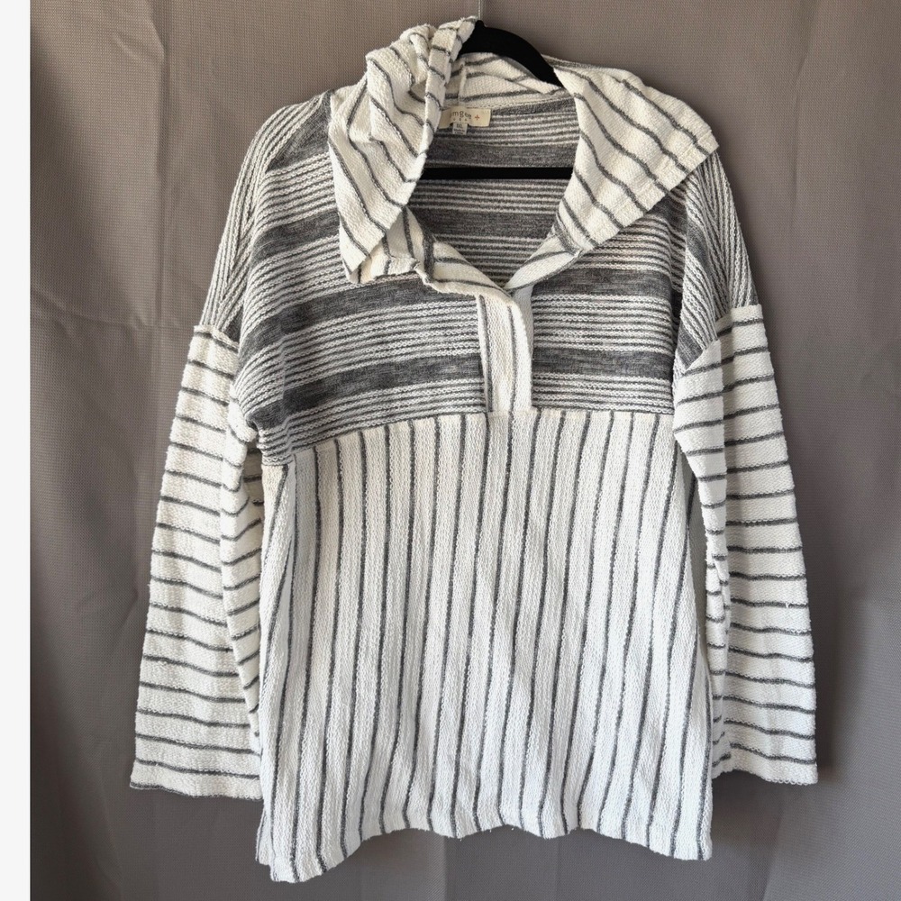 Umgee Hoodie Cozy Boho Casual Lightweight Striped Knit Oversized Pullover 1XL
